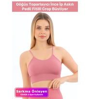 Özel Üretim Göğüs Toparlayıcı Sarkma Önleyen Spor Günlük İnce İp Askılı Pedli Fitilli Crop Büstiyer (Pembe)