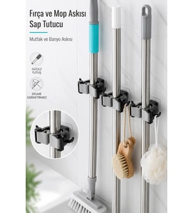 2li Fırça Mop Askısı Sap Tutucu Mutfak Banyo Duvar Organizer