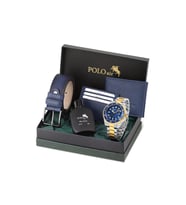 Polo Air Mercek Takvimli Erkek Kol Saati Cüzdan Kemer Kartlık Parfüm Seti Gümüş Gold Lacivert Renk PL-7073E9 (Lacivert - Beyaz - Altın Rengi)