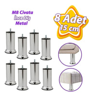 8 Adet Metal Destek Ayağı 15 Cm Krom Mobilya Kanepe Baza Koltuk Ünite Ayakları Metrik 8 Civatalı İnce Diş