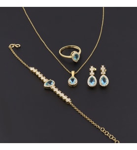 925 Ayar Gümüş Aqua Taşlı Su Yolu Gold Damla Set
