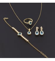 925 Ayar Gümüş Aqua Taşlı Su Yolu Gold Damla Set