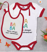 BK Kids Baba Tasarımlı Kırmızı Bebek Body Zıbın ve Mama Önlüğü Hediye Seti-2