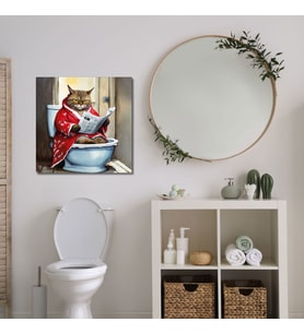 Tekli Kare Kanvas Banyo Tablosu Tabletle Oynayan Tekir Kedi
