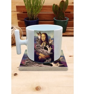 Kediler ve Sanat/Leonardo Da Vinci Mona Lisa Set 9 -T Kulplu Fincan Kupa-Taş Bardak Altlığı 2