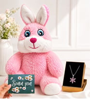 Sevimli Pembe Peluş Tavşan ve Gerçek Pembe Ametist Taşlı Lotus Kadın Kolye Hediye Seti (D1)