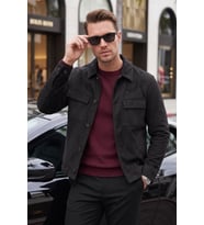 DeepSEA Erkek Slim Fit Tüylenmeyen Kırışmayan Siyah Süet Ceket – Astarlı Gömlek Yaka 2704503