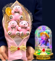 Kişiye Özel Renkli Led Işıklı Fanus ve Büyük Boy Pembe Ayıcık Buketi (Model 4)
