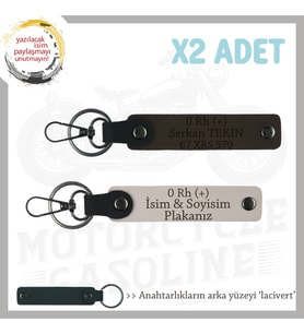 Motosiklet Severlere Özel, İsim Plaka ve 0 Rh (+) Kan Grubu Yazılı x2 Anahtarlık, Pudra-K Kahve-Laci (Çok Renkli)