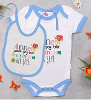 BK Kids Annem Çok Şey Bilir Tasarımlı Mavi Bebek Body Zıbın ve Mama Önlüğü Hediye Seti-1