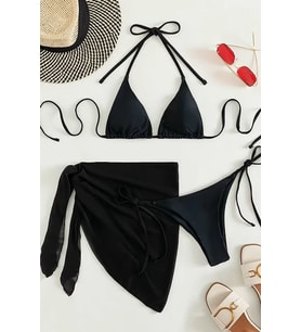 Angelsin Pareolu Bağlamalı 3'lü Bikini Takım Set (Çıkartılabilir Kaplı)