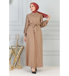 Taş Detaylı Fermuarlı Ferace Taba 19208