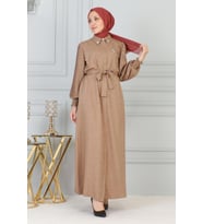Taş Detaylı Fermuarlı Ferace Taba 19208
