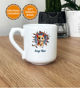 3D Efektli Kedi Hediye Kupa Bardak Oval İsimli İsim Yazılı (Beyaz)