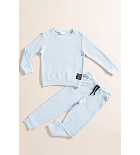 2'li Pamuk Waffle Sweat Jogger Mavi Alt Üst Takım