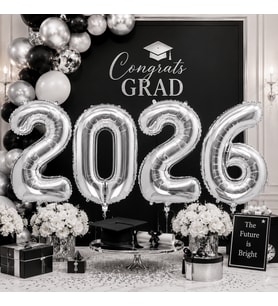 Folyo Balon Mezuniyet 2026 Yazısı Silver Gümüş Set 40 İnç 100 cm 4 Rakam Parti Süsü