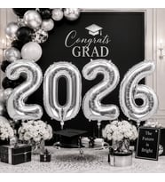 Folyo Balon Mezuniyet 2026 Yazısı Silver Gümüş Set 40 İnç 100 cm 4 Rakam Parti Süsü