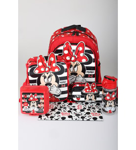 x Dekomus Lisanslı Minnie Mouse Büyük Boy Okul,Beslenme ve Kalem Çantası,Beslenme Kabı,Matara,Çıtçıt Dosya Seti