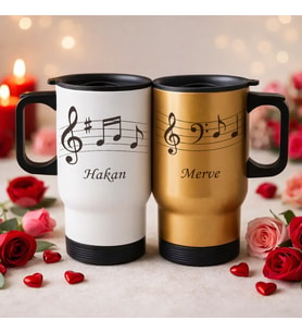 BK Gift Kişiye Özel Sevgili Çift Tasarımlı 2’li Kulplu Beyaz&Gold Çelik Termos Mug 450 ml -4, Sevgiliye Hediye, Sevgililer Günü Hediyesi