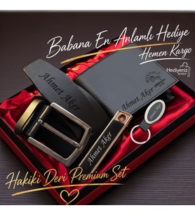 Babaya Arkadaşa Eşe Sevgiliye Hediye İsme Özel Premium Tasarım Erkek Hediye Seti - Hakiki Deri Cüzdan Kemer Usb Çakmak Anahtarlık