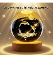 Lazer İşlemeli Yunus Kristal Küre Sıcak Işıklı Ahşap Standlı