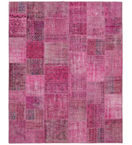 Pembe Mor Tonlarında Patchwork Desenli Modern Salon Halısı El Dokuma Eskitme Tasarım