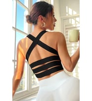 Kadın Siyah Sırtı Çapraz Lastik Detaylı Crop Top Bluz