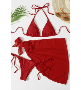 Angelsin Pareolu Bağlamalı 3'lü Bikini Takım Set (Çıkartılabilir Kaplı)