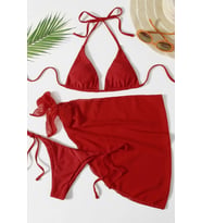 Angelsin Pareolu Bağlamalı 3'lü Bikini Takım Set (Çıkartılabilir Kaplı) (Kırmızı)