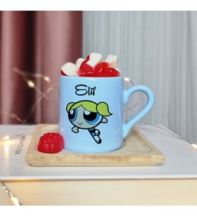 Power Puff Girls ( Bubbles ) Tasarımlı Kişiye Özel Mavi Türk Kahvesi Fincanı