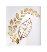 Yaprak Saat - Ahşap Modern Dekoratif Duvar Saati (Ahşap & Pleksi Detaylı) Beyaz Üzeri Gold Detay Ana Gövde 32X50 cm.