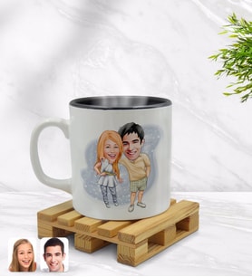 BK Gift Kişiye Özel Sevgililer Karikatürlü İçi Siyah Renkli Kupa Bardak Model 98