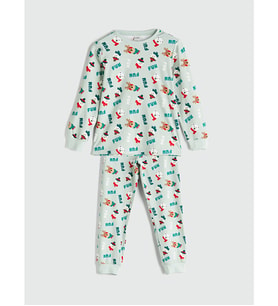 LCW Kids Yeşil Bisiklet Yaka Yılbaşı Temalı Erkek Çocuk Pijama Takımı