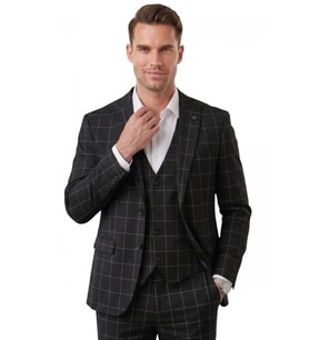 DeepSEA Erkek Siyah Slim Fit 3’lü Takım Elbise – Yelekli Ekose Desenli Çift Düğme Takım Elbise 2600501