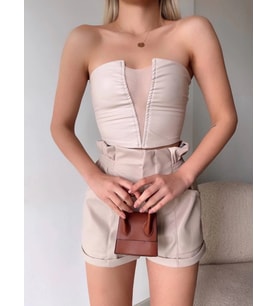 Tüllü deri crop bej w24615