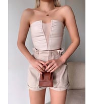 Tüllü deri crop bej w24615