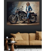 Motosiklete Binen Şık Modern Kadın Dekoratif Kanvas - Mdf Ahşap Tablo
