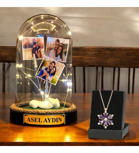 Kişiye Özel İsimli ve 3 Fotoğraflı Tasarım Fanus & Lotus Kolye  Led Işıklı Büyük Boy