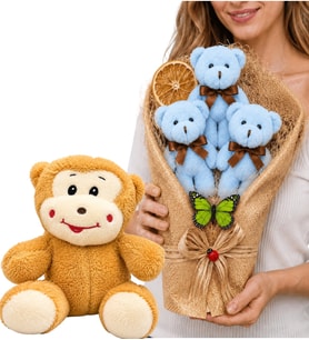 Peluş Hediye Seti Sevimli Peluş Maymun ve Büyük Boy Peluş Ayıcık Buketi