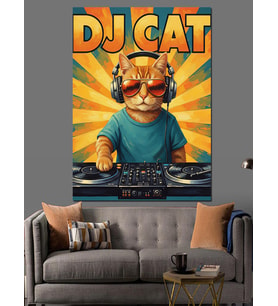Müzik Dinleyen Kedi Posteri Dekoratif Kanvas - Mdf Ahşap Tablo