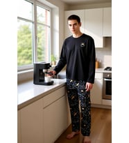 Erkek Haki Nakışlı Galaksi Desenli Pijama Takımı Fonksiyonel Dayanıklı Kaliteli Konforlu Şık