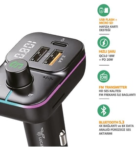 USB Flash + Hafıza Kart Uyumlu FM Transmitter - Araç Şarjı ve Bluetooth Kiti