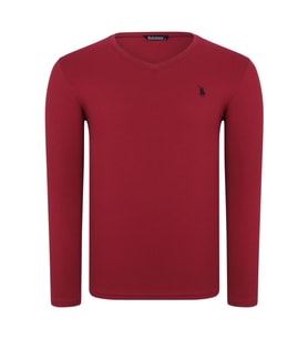 T8587 DEWBERRY V YAKA ERKEK UZUN KOL T-SHIRT-DÜZ BORDO