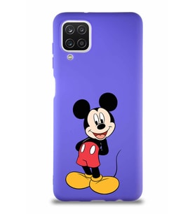 Samsung Galaxy A12 Soft Premier Kapak Mickey Mouse-B Tasarımlı Silikon Kılıf - Mor (Şeffaf)