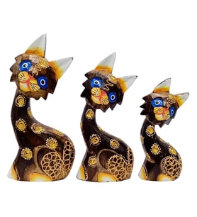 Ahşap Aborjin Üçlü Kedi Dekoratif Biblo No.1 16 cm (Akçaağaç Rengi)