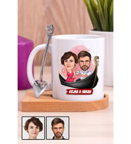 Çiftlere Özel Hediye Tek Taş Yüzük Temalı Karikatürlü Ahşap Altlıklı Beyaz Kupa Bardak