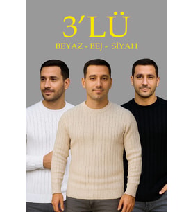 Erkek Fitilli Triko Kazak 3 lü Set Bej Beyaz Siyah Kalın Dokuma Pamuklu Regular Fit