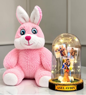 Kişiye Özel 3 Fotoğraflı LED Işıklı Fanus ve Pembe Peluş Tavşan Hediye Seti (şans melekli )