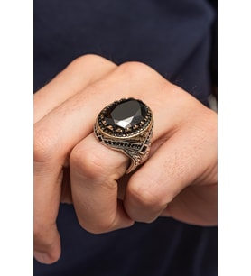 Siyah Zirkon Taşlı Oval 925 Erkek Gümüş Yüzük