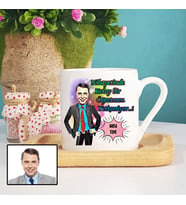 Karikatürlü Erkek Öğretmen Türk Kahvesi Fincanı Ahşap Altlıklı